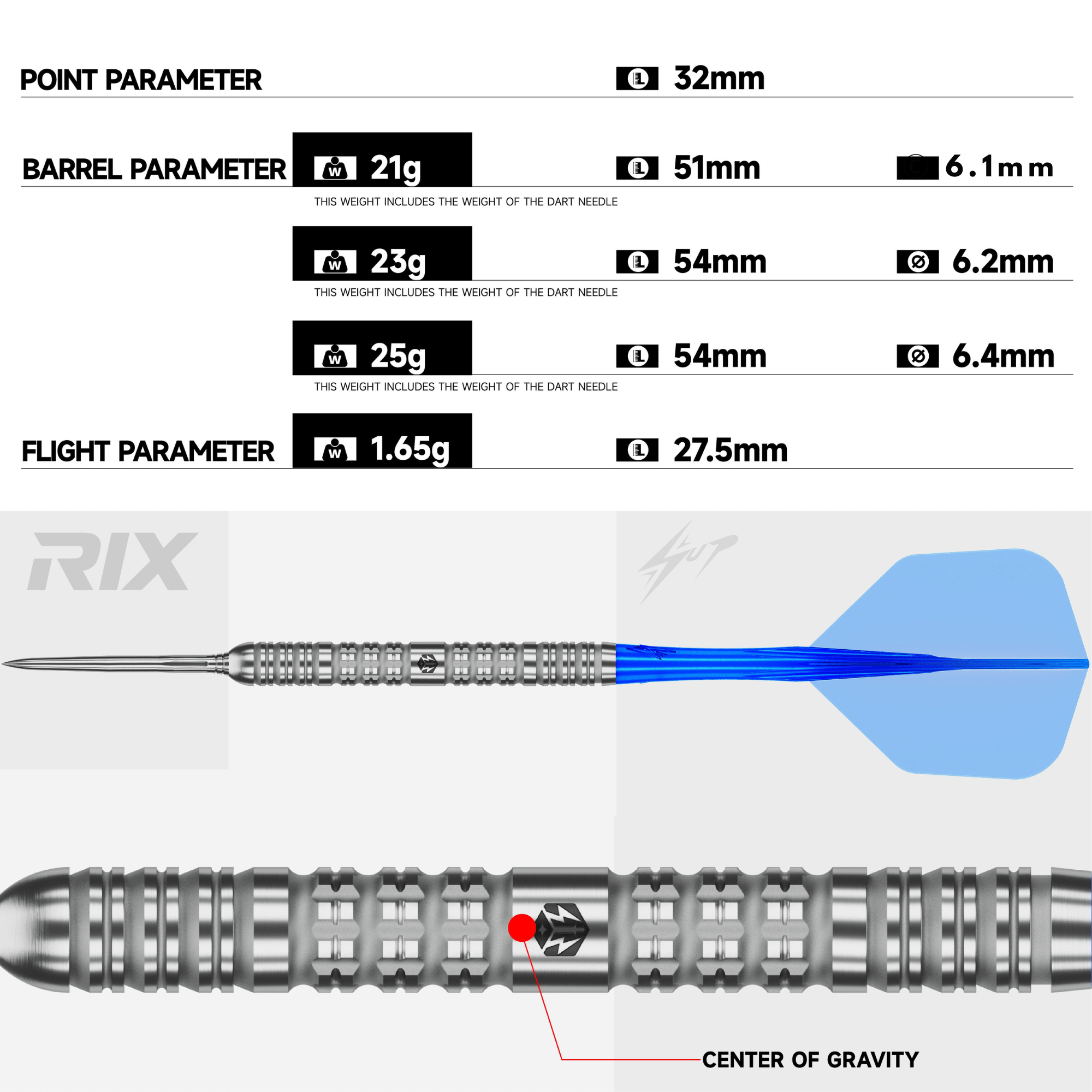 Caliburn RIX R1 EZ EVO Steeldarts Details Maße
