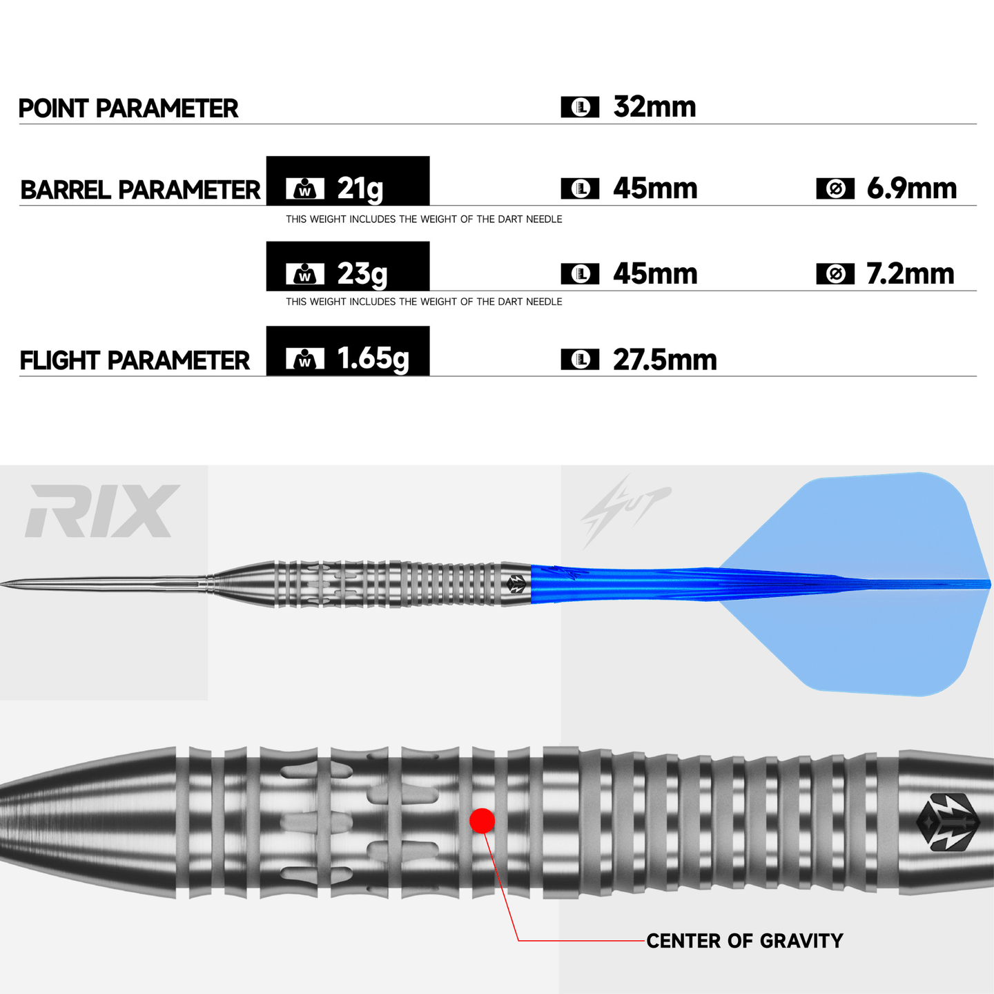 Caliburn RIX R2 EZ-EVO Steeldarts Maße