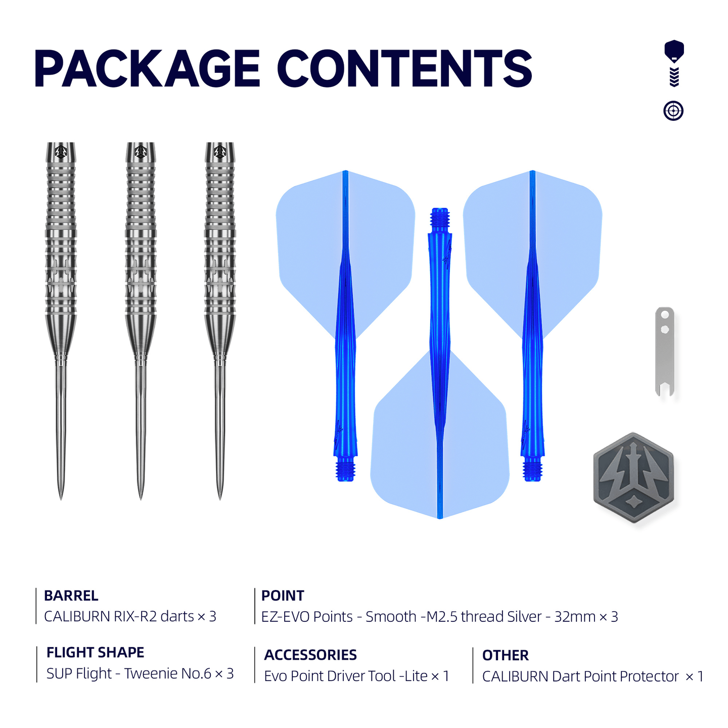 Caliburn RIX R2 EZ-EVO Steeldarts Packungsinhalt