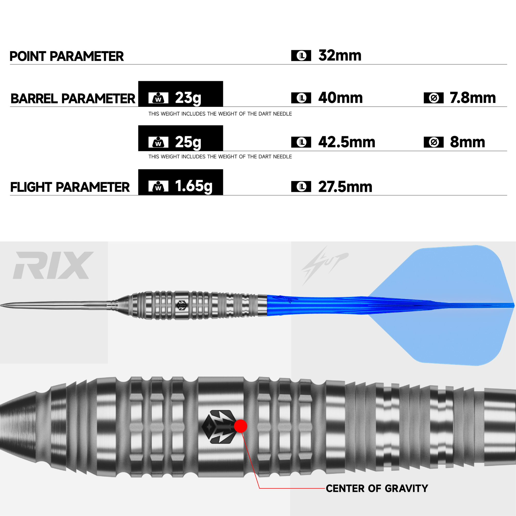 Caliburn RIX R3 EZ-EVO Steeldarts Maße