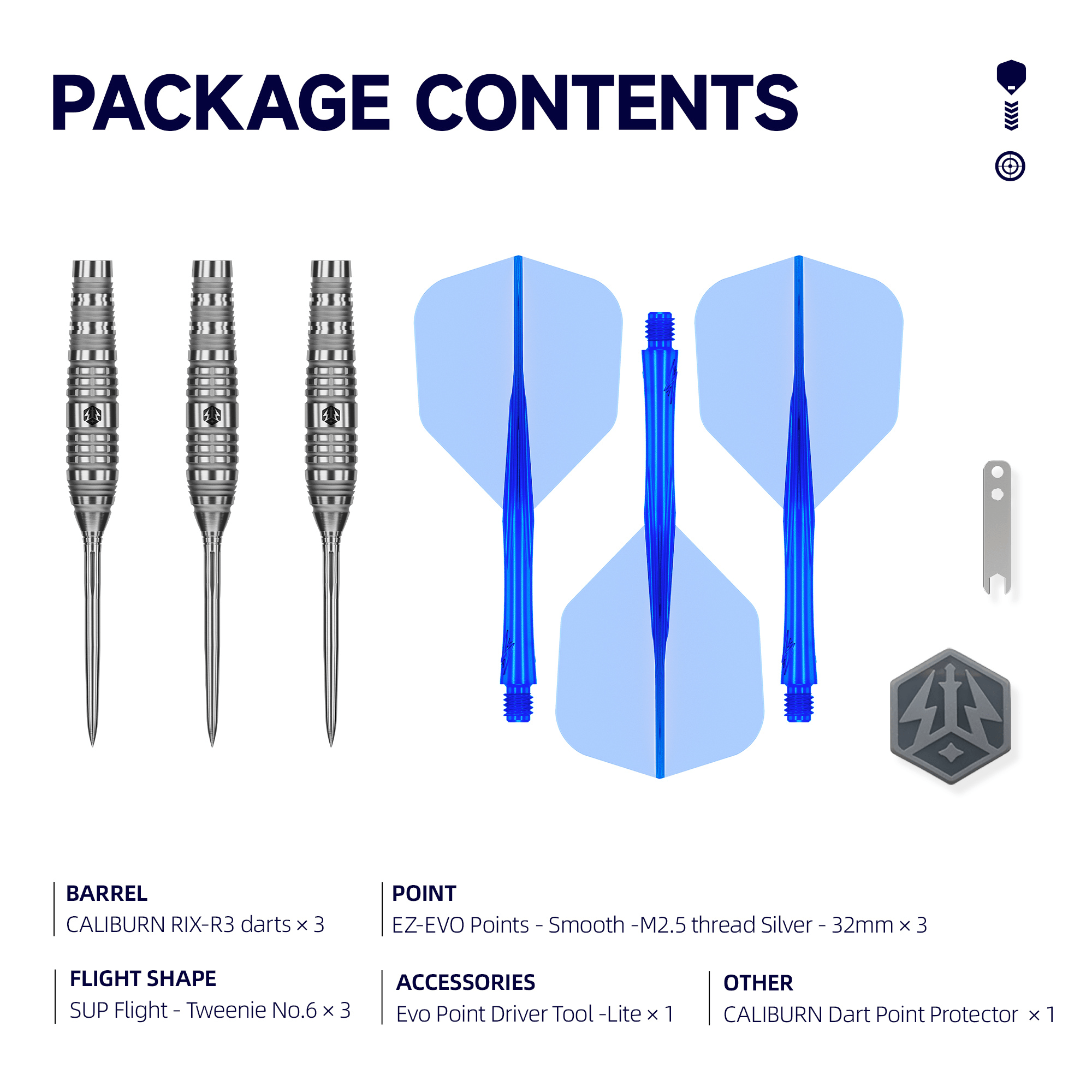 Caliburn RIX R3 EZ-EVO Steeldarts Packungsinhalt