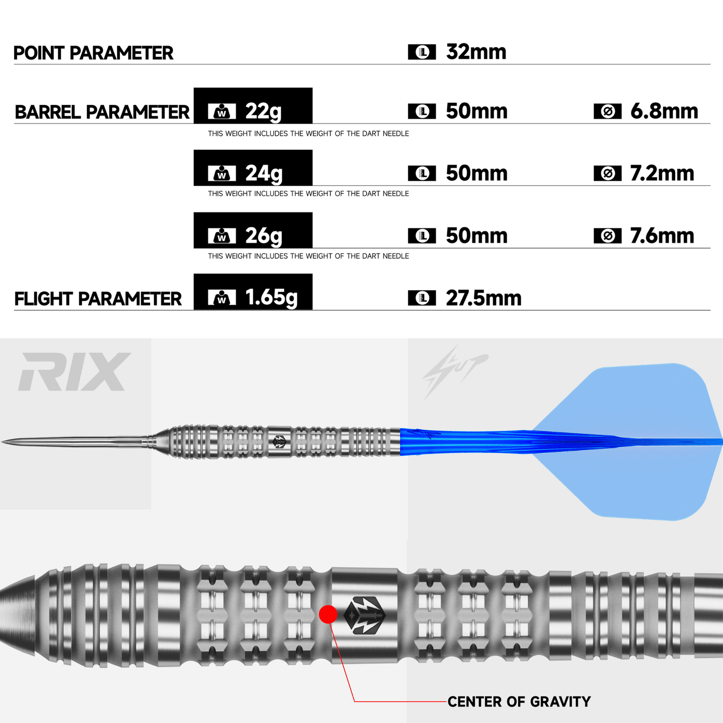 Caliburn RIX R4 EZ EVO Steeldarts Maße