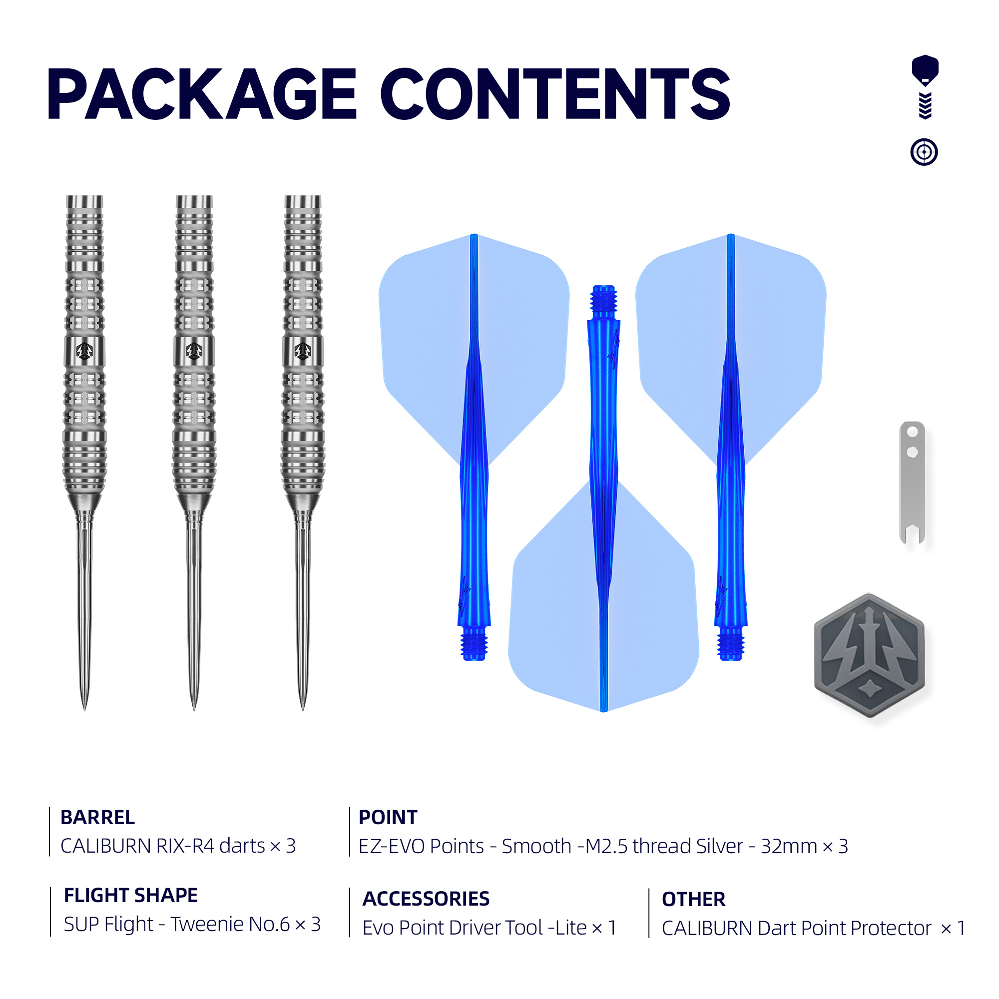 Caliburn RIX R4 EZ EVO Steeldarts Packungsinhalt