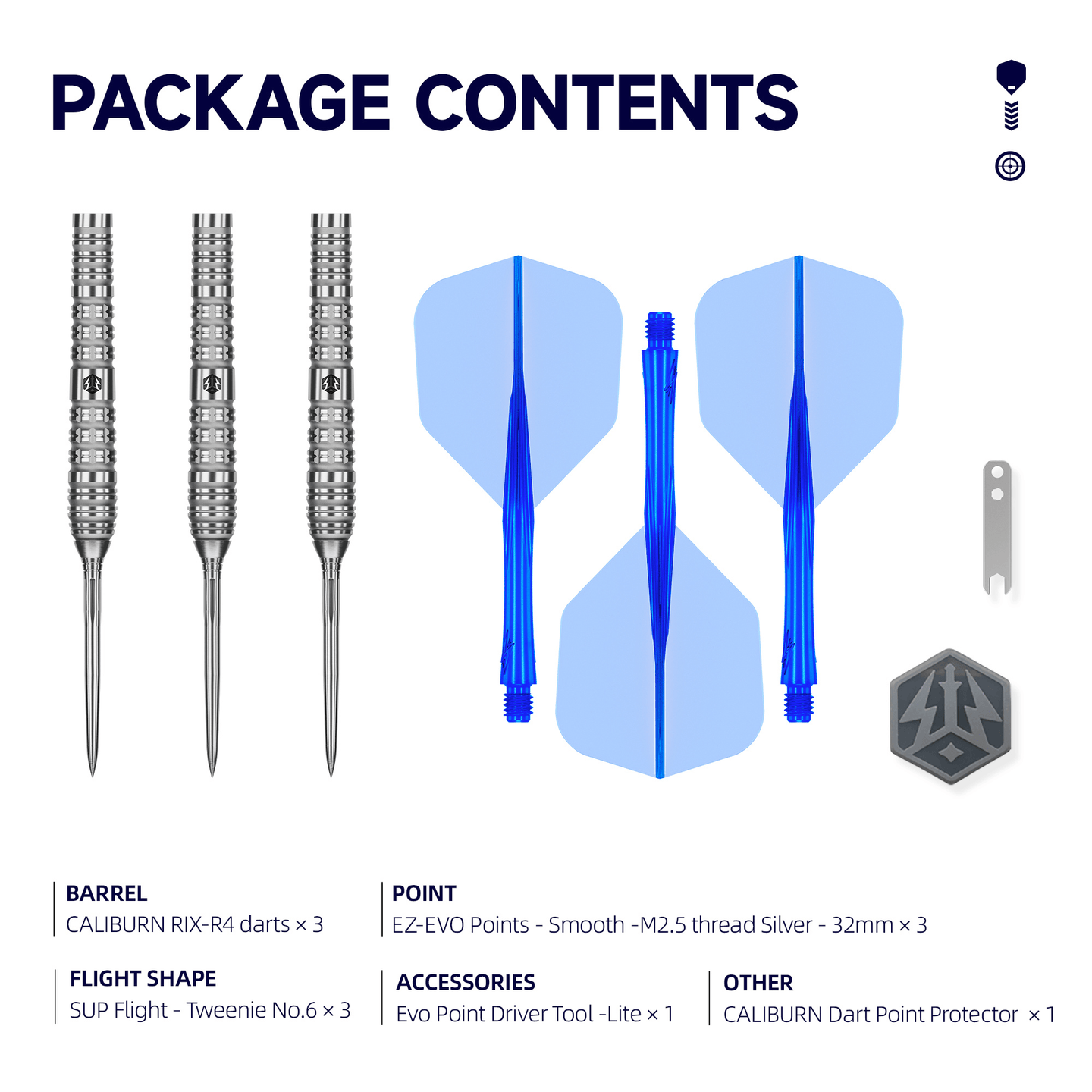 Caliburn RIX R4 EZ EVO Steeldarts Packungsinhalt