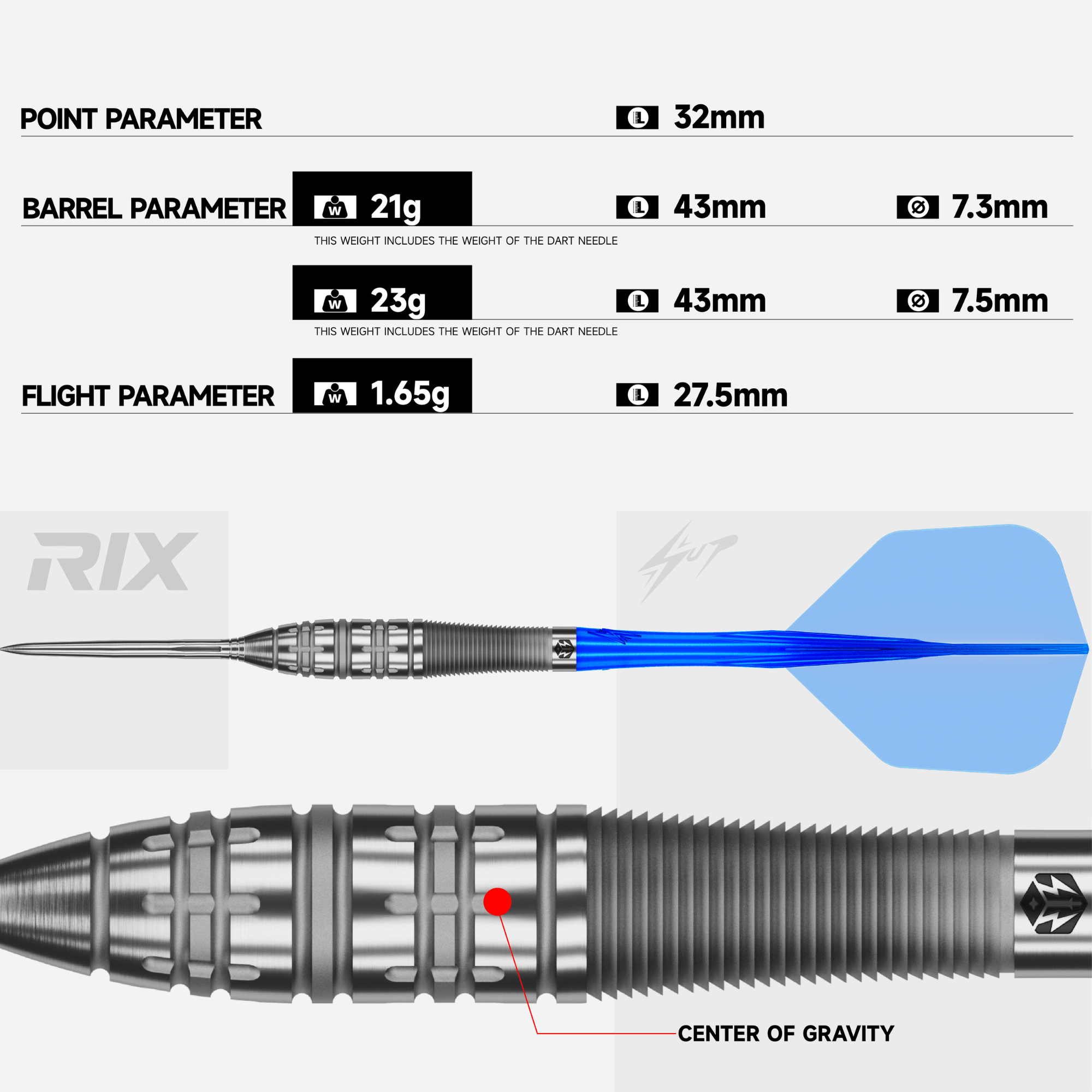 Caliburn RIX R5 EZ-EVO Steeldarts Maße
