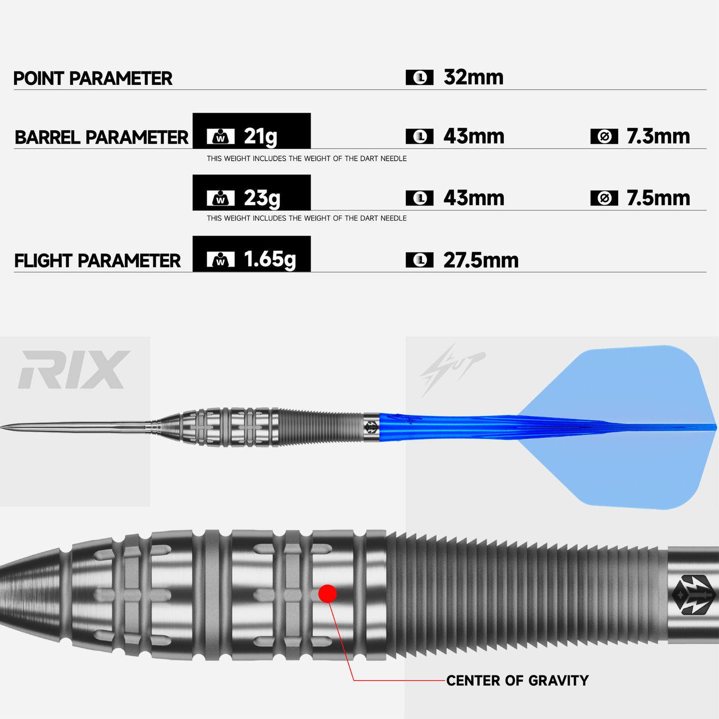Caliburn RIX R5 EZ-EVO Steeldarts Maße