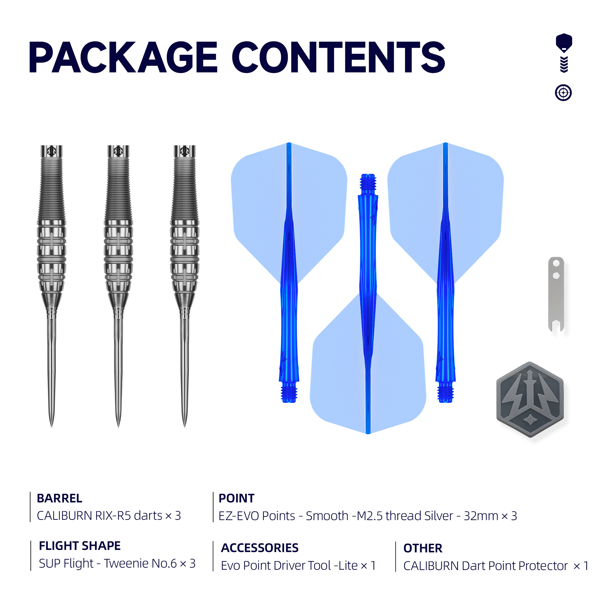 Caliburn RIX R5 EZ-EVO Steeldarts Packungsinhalt