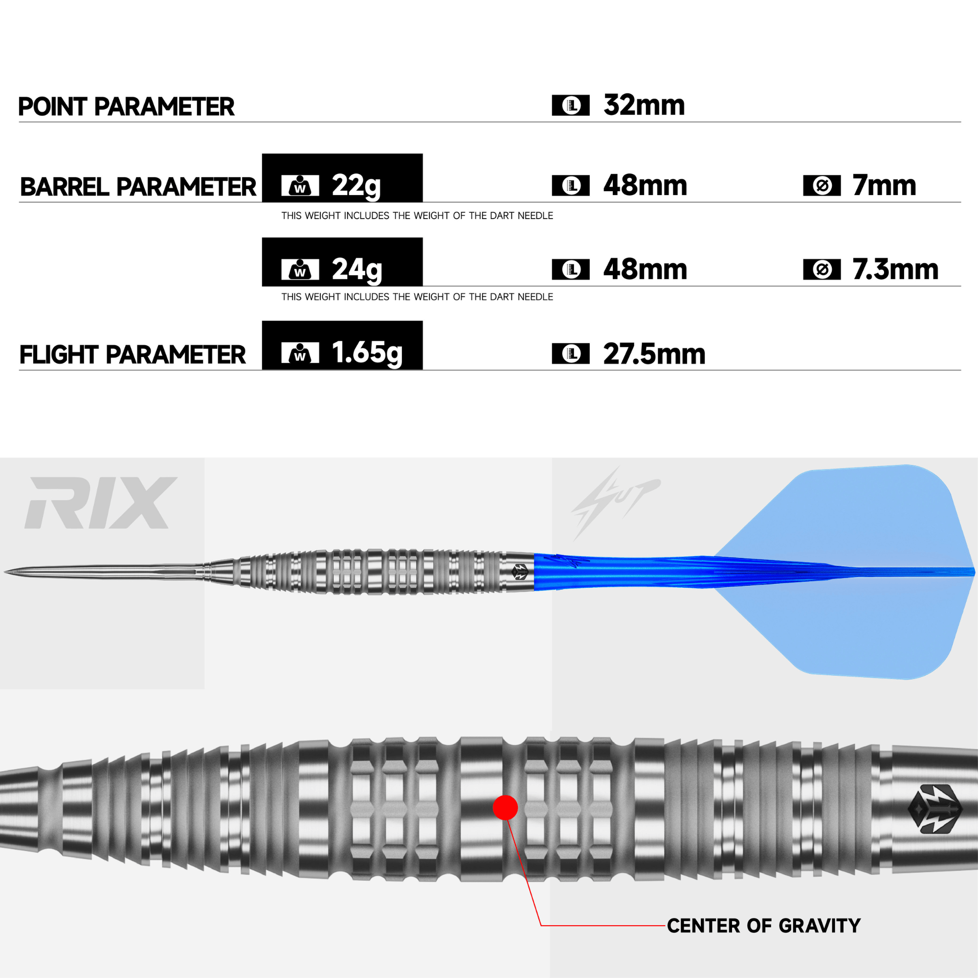 Caliburn RIX R6 EZ-EVO Steeldarts Maße