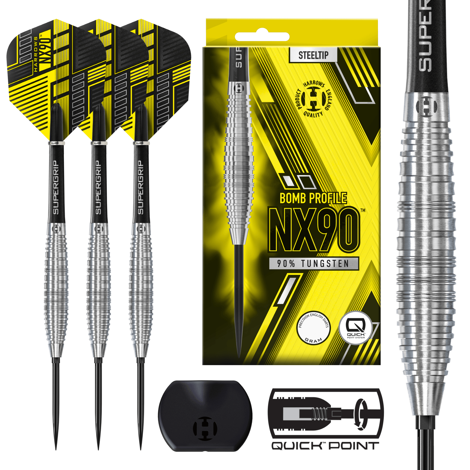 Harrows NX90 Bomb Quick Point Steeldarts Packungsinhalt