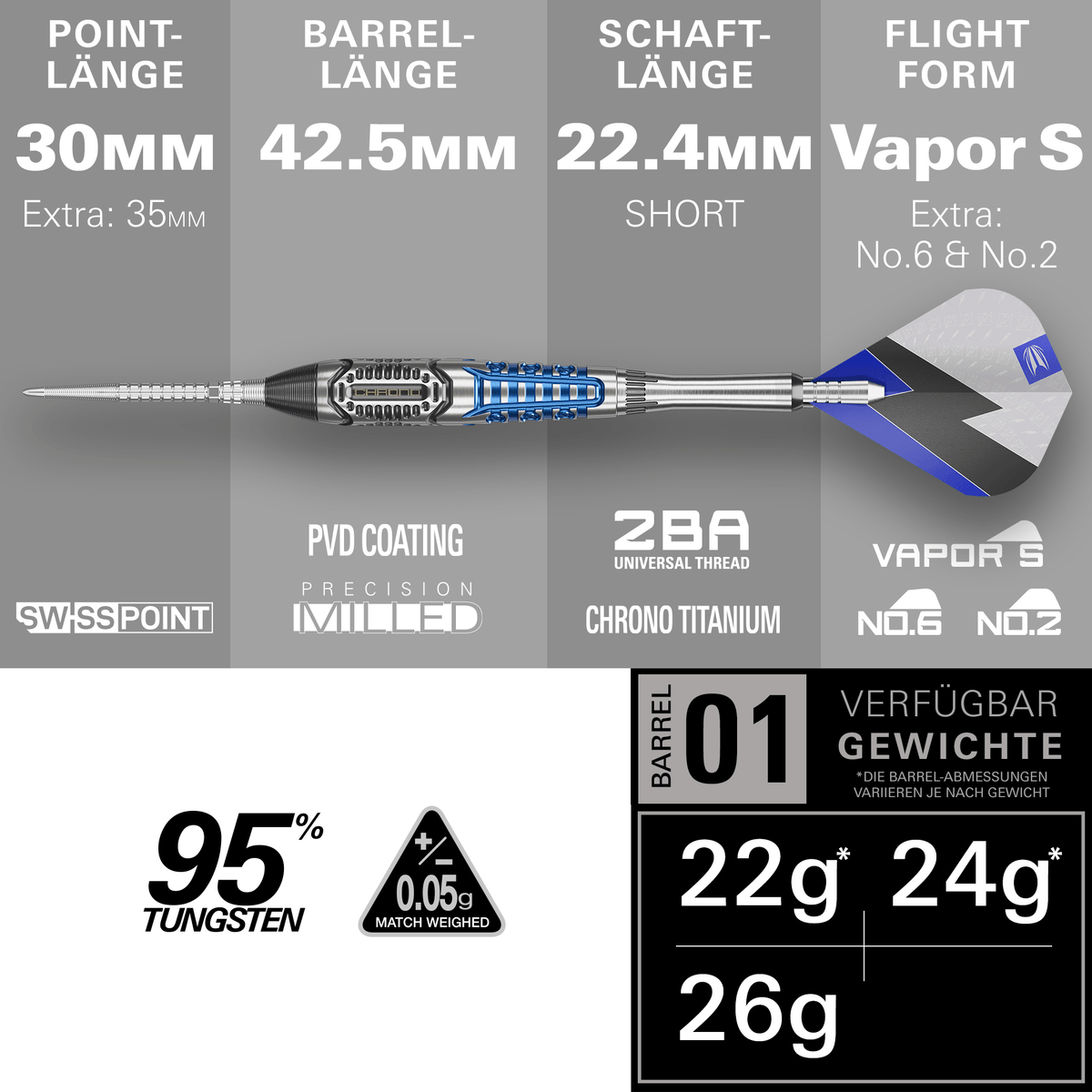 Target Phil Taylor Power Chrono Swiss Point Steeldarts Maße 26g